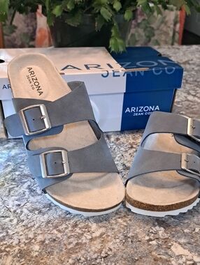 NWT Arizona Jean Company Double Buckle Slide Sandals — Gray - NEW WITH BOX